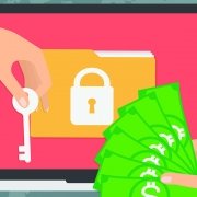 Illustration of Ransomware that has been targeting municipalities. Locked computer folder with one hand holding key and one hand holding money.